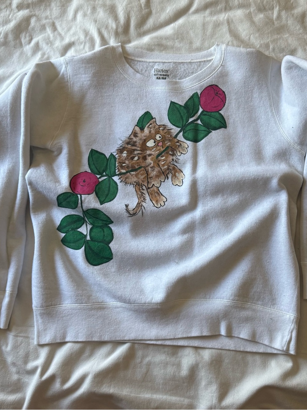 Hanes White Crewneck Sweatshirt with Painted Brown Cat and Pink Blooms